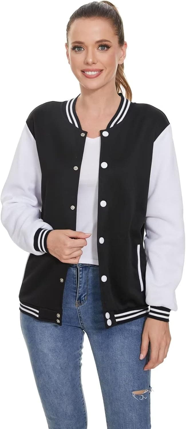 Aopostall Women's Baseball Jacket Contrast Long Sleeves Varsity Jacket Uniform Hoodie Sweater Sport Sweatshirt Coat