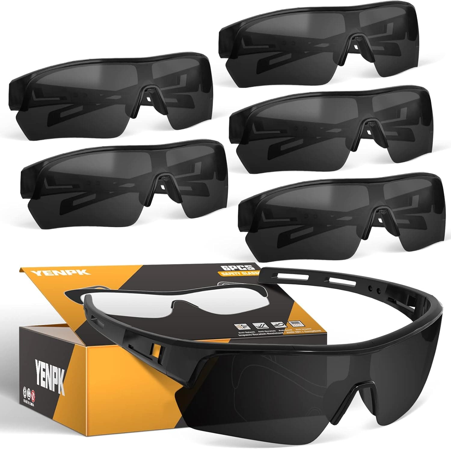 YENPK 6 Pack Tinted Safety Glasses for Men Women, Safety Goggles Impact Resistant, ANSI Z87.1+ UV400 Eye Protection, Anti Scratch Protective Eyewear Mirror Frame Ventilation Design(Dark Grey Lens)