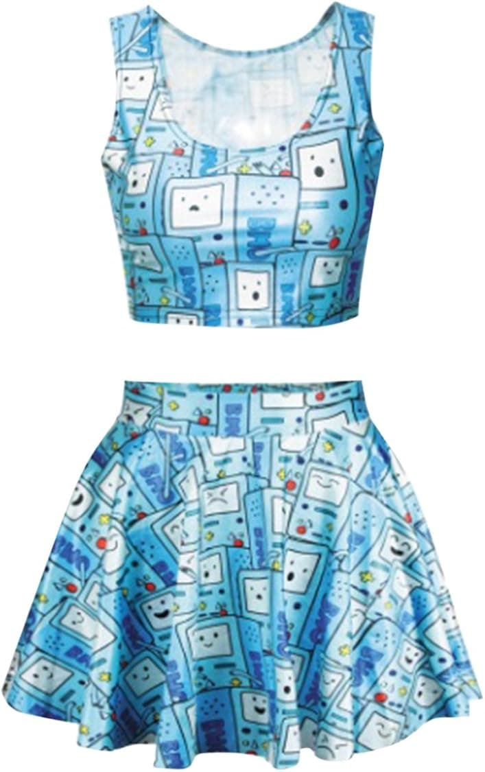 Pink Queen Womens Printed Crop Top Pleated Skater Rave Skirt 2 Piece Set