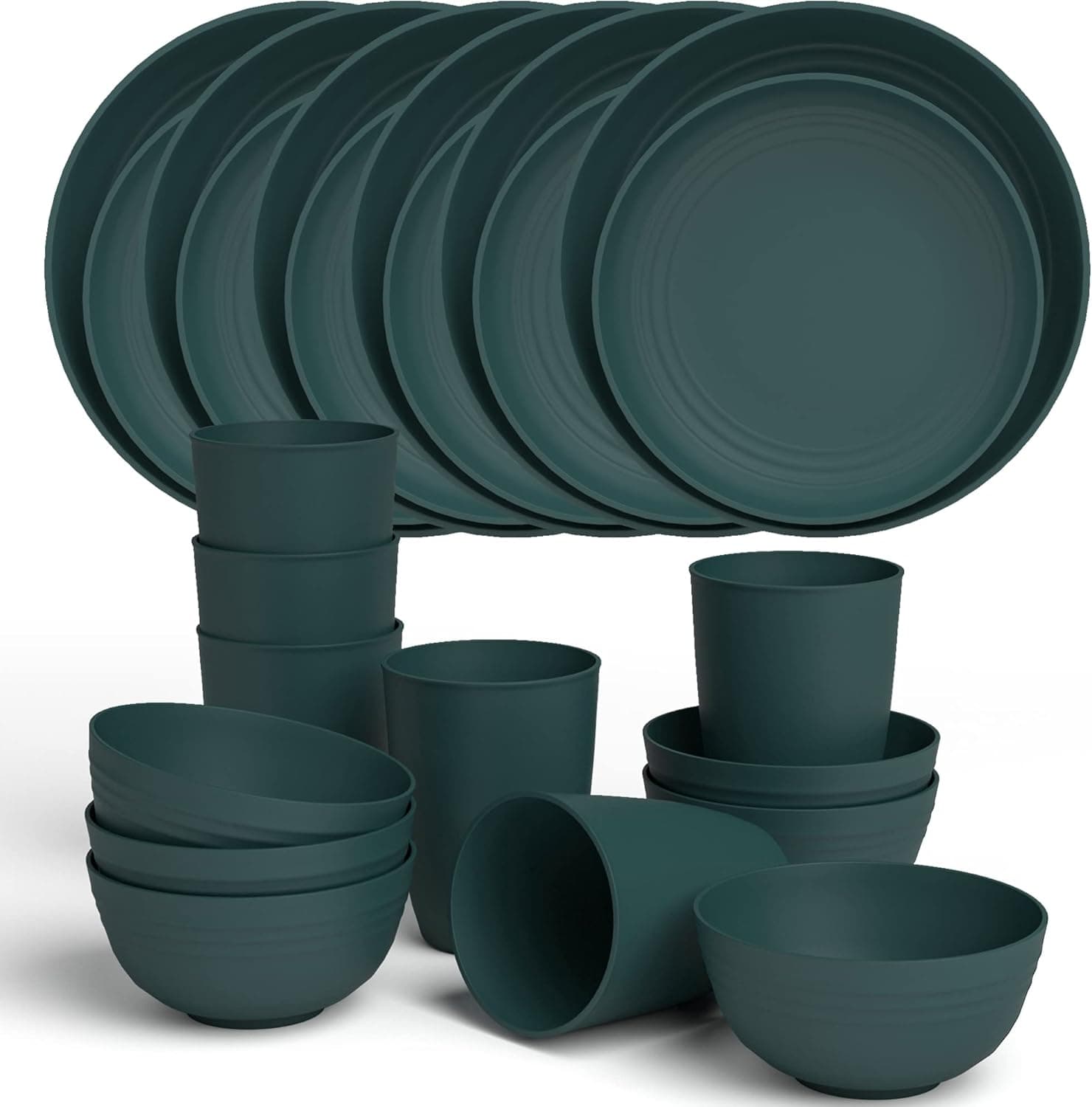 KEWOO Plastic Dinnerware Sets for 6,Unbreakable Lightweight Reusable Dinnerware Set for Camping,Kitchen,Outdoor,RV (darkgreen24pcs)