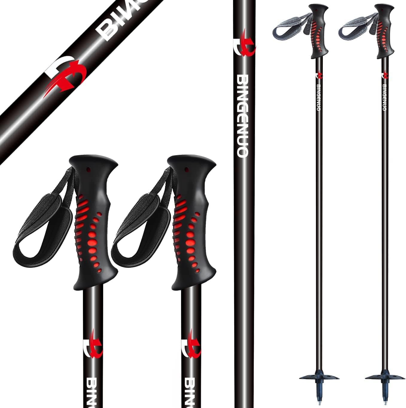 BINGENUO 100% Carbon Fiber Ski Pole Pair - Thickened Tube Wall Ski Poles for Men, Women