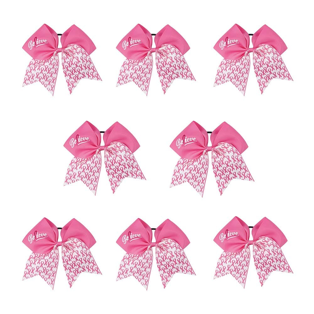 Oaoleer 7 Inch Breast Cancer Awareness Cheerleader Bow Large Hair Bow With Ponytail Holder Hair Band For Breast Cancer Month