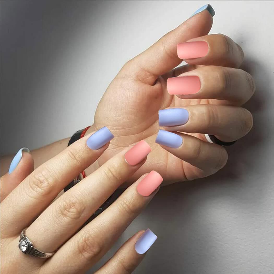 Drecode Pink Blue Matte False Nails Square Short Full Cover Aryclic Jump Color Fake Nail Daily Party Clip Press On Nails for Women and Girls（24Pcs)