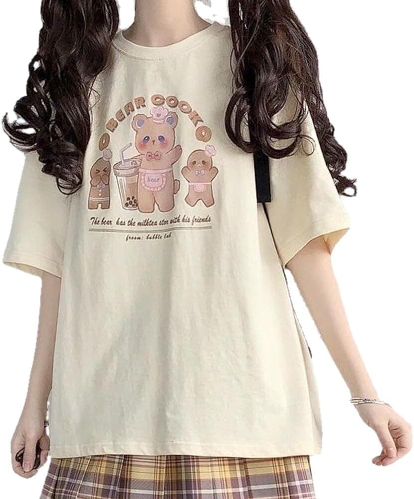 AtbeTa Kawaii Oversized T-Shirt Long Sleeve Shirt Tee Cute Pink Anime Japanese Harajuku Rabbit Cat Teen Girl Plus Size (tee5, S, US, Alpha, Adult, Female, Small, Regular, Regular)
