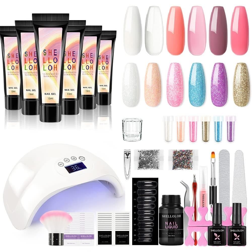 Poly Nail Extension Gel Kit with U V Lamp 48W, 6PCS Poly Nail Gel with Glitter Nail Powders Spring Summer Color Gel Polish Slip Solution Manicure Tools Starter Kit All-in-One Kit Gifts for Woman