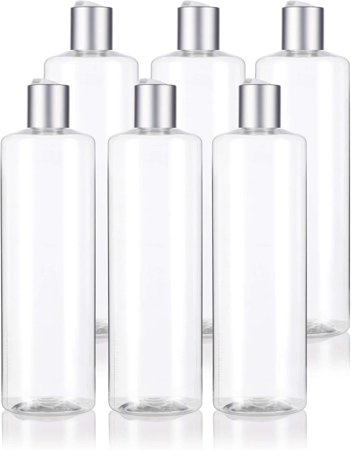 JUVITUS Clear 16 oz / 500 ml Professional Cylinder PET Plastic Bottles (BPA Free) (6 pack) (Silver Disc Cap Lid)