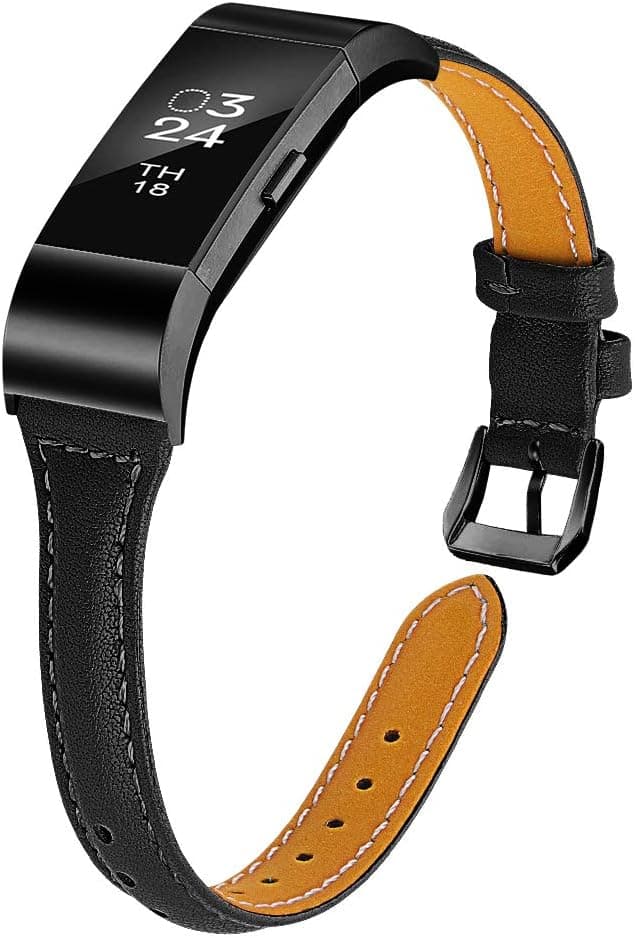 JOYOZY Leather Band Compatible with Fitbit Charge 2 Replacement Bands,Slim Classic Genuine Leather Wristband Fitness Strap Women Men 5.8''-8.1'' (Black with Black Buckle)