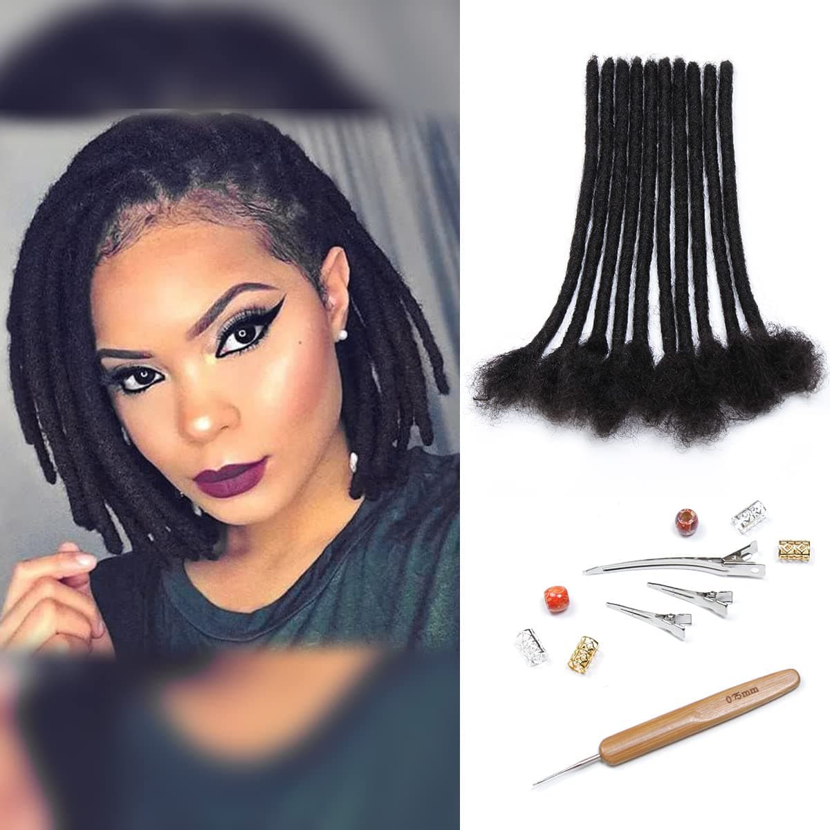 8" Dreadlock Extensions Human Hair, 0.8cm Permanent Handmade 15 Loc Extensions for Black Women and Men