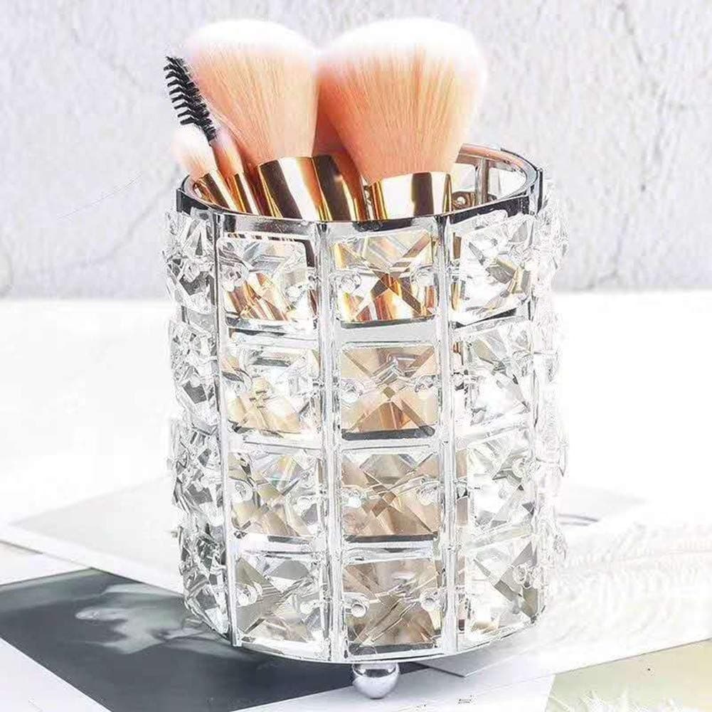 UNIVERSESTAR Crystal Makeup Brush Holders, Silver Metal Make Up Crystal Organizer Case Eyebrow Pencil Eyeliner Holder Blush Brushes Makeup Storage box for Women