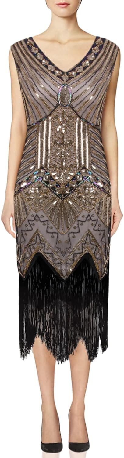 VIJIV Women 1920s Gastby Sequin Art Nouveau Embellished Fringed Flapper Dress