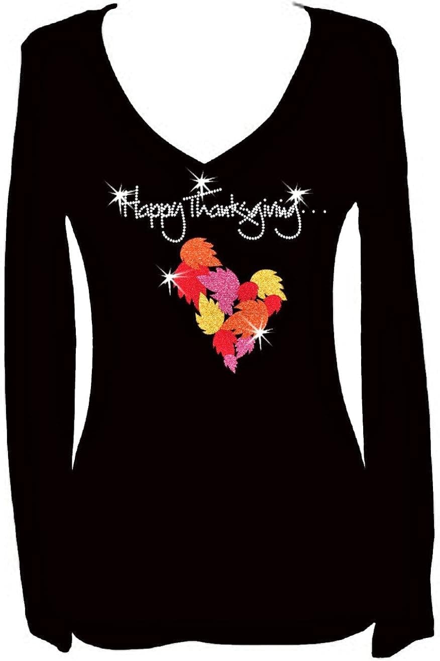 Rockeroo Boutique Happy Thanksgiving Holiday Angel Wings Rhinestone V Neck Long Sleeve Tee Shirt