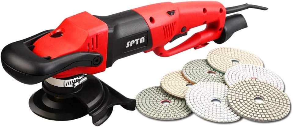 SPTA 110V 4inch (100mm) Variable Speed Wet Polisher Wet Grinder Marble Polisher for Granite/Marble/Concrete/Stones with1pc 5/8-11 Thread Backing Plate 7pcs Wet Polishing Pads