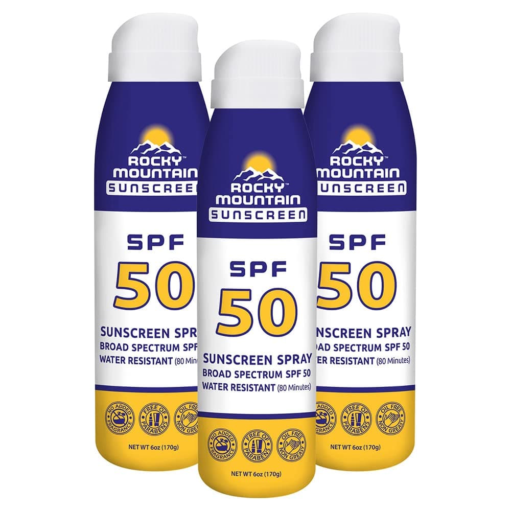 Rocky Mountain Sunscreen SPF 50 Continuous Spray | Reef Safe (Octinoxate & Oxybenzone Free) Water-Resistant | Broad Spectrum UVA/UVB Protection | Non-Greasy, Fragrance Free, Vegan, Gluten Free | 6 Fl Oz (3-pack)