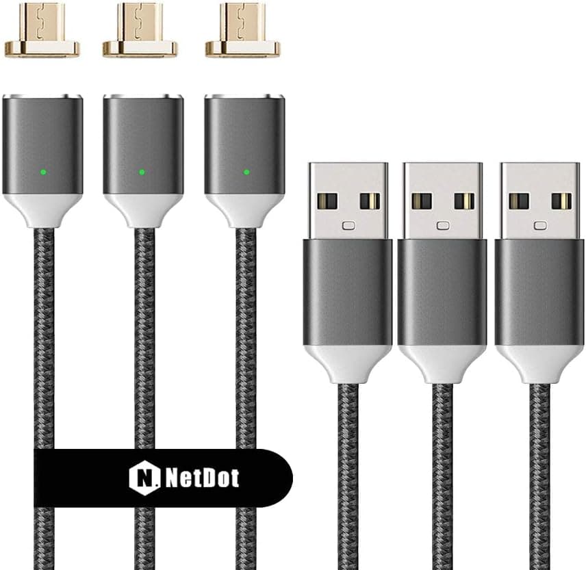 NetDot 3 Pack Upgraded 1m/3.3ft Nylon Bradied USB Fast Charging Magnetic Micro USB Cable with LED Indicator Compatible with Android Device (3.3FT / 3 Pack Gray)
