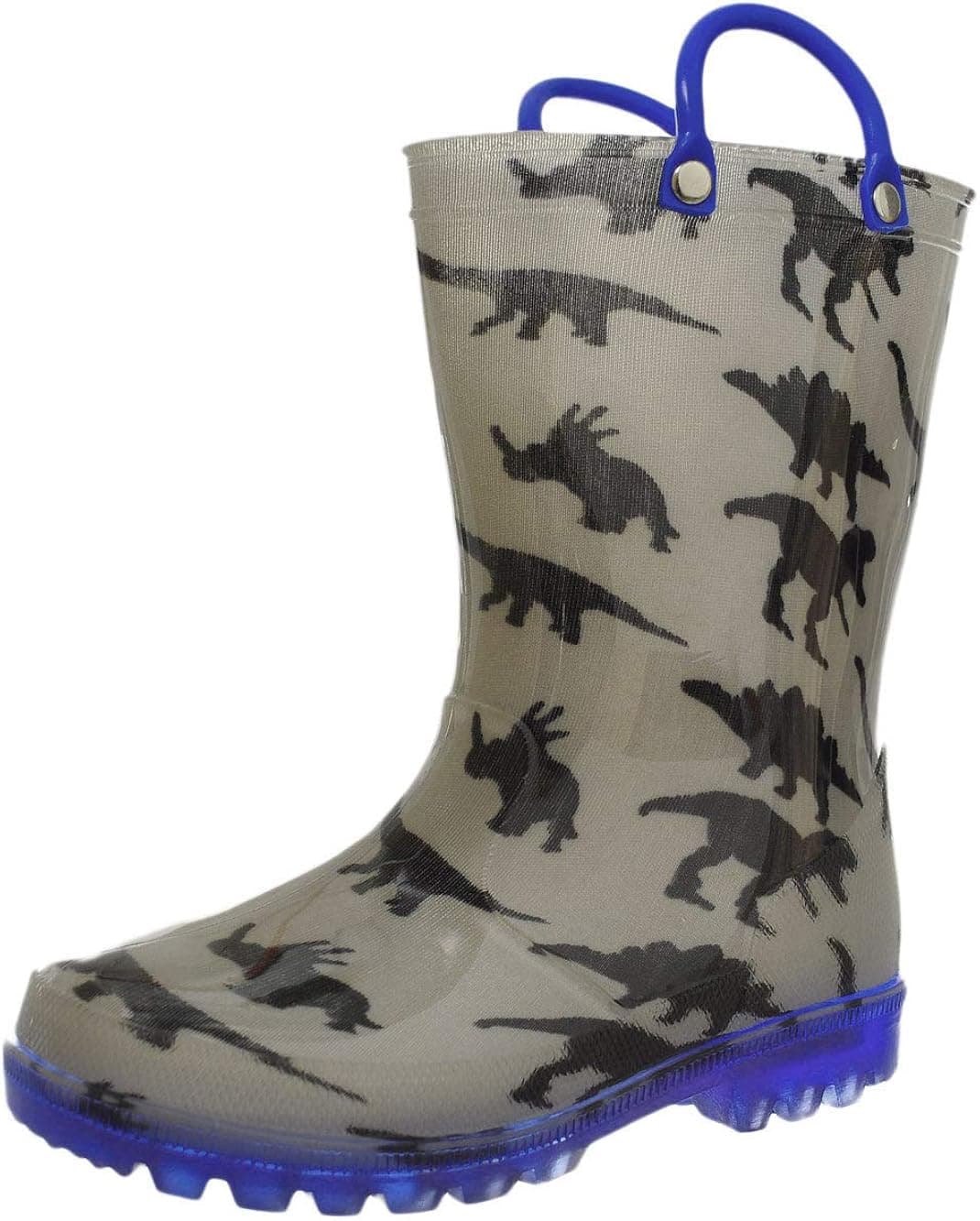 ZOOGS Light Up Kids Toddler Rain Boots for Girls and Boys with Handles, Grey/Blue (Dinosaur)- 12 Little Kid