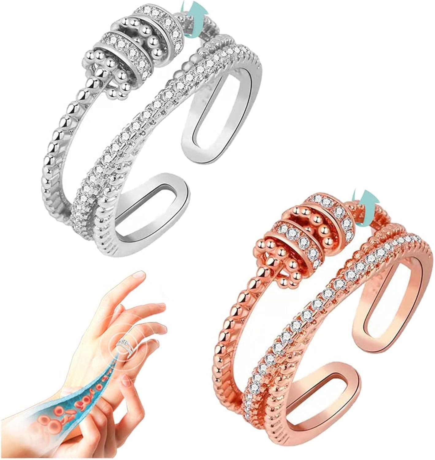 2 Pcs Jansio Threanic Triple-Spin Ring for Women Feelief Zirconica Triple Fidget Ring Fidget Ring for Anxiety Women Adjustable Open Ring Daughter Gifts from Mom