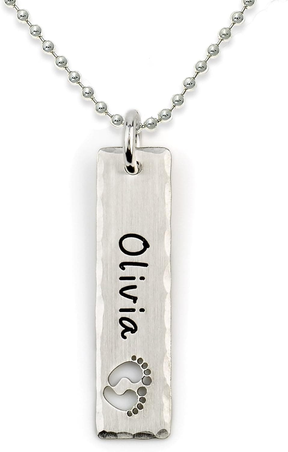 AJ's Collection Open Foot Print Personalized Sterling Silver Name Necklace. Customize with Child's Name, Engraved with Solid Baby Feet. Your Choice of Sterling Silver Chain. Gifts for Her, New Mom
