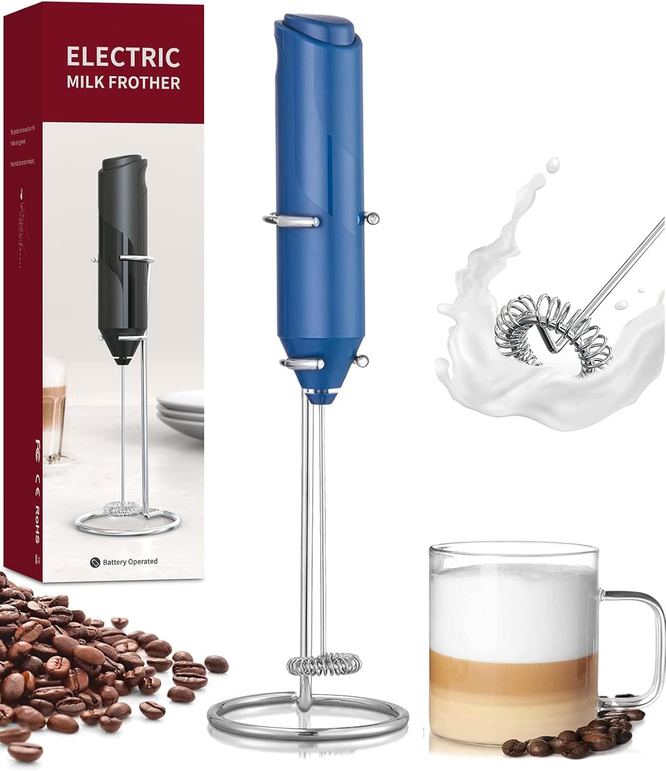 Electric Milk Frother Handheld with Stainless Steel Stand Battery Powered Foam Maker, Whisk Drink Mixer Mini Blender For Coffee, Frappe, Latte, Matcha, Hot Chocolate (Blue)