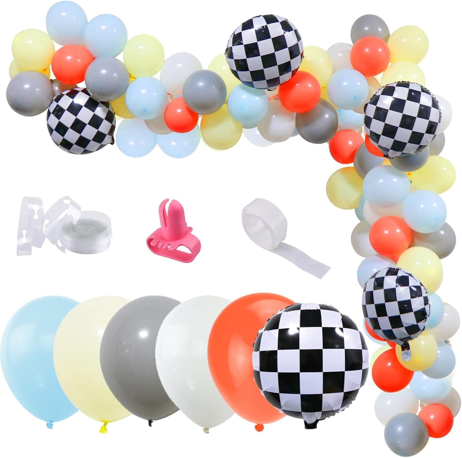 K KUMEED Racing Car Balloons Arch Garland Kit, Racing Car Party Supplies, Blue Yellow Grey White Coral Red Latex Balloons, Checkered Foil Balloons for Racing Car Theme Party Birthday Decorations