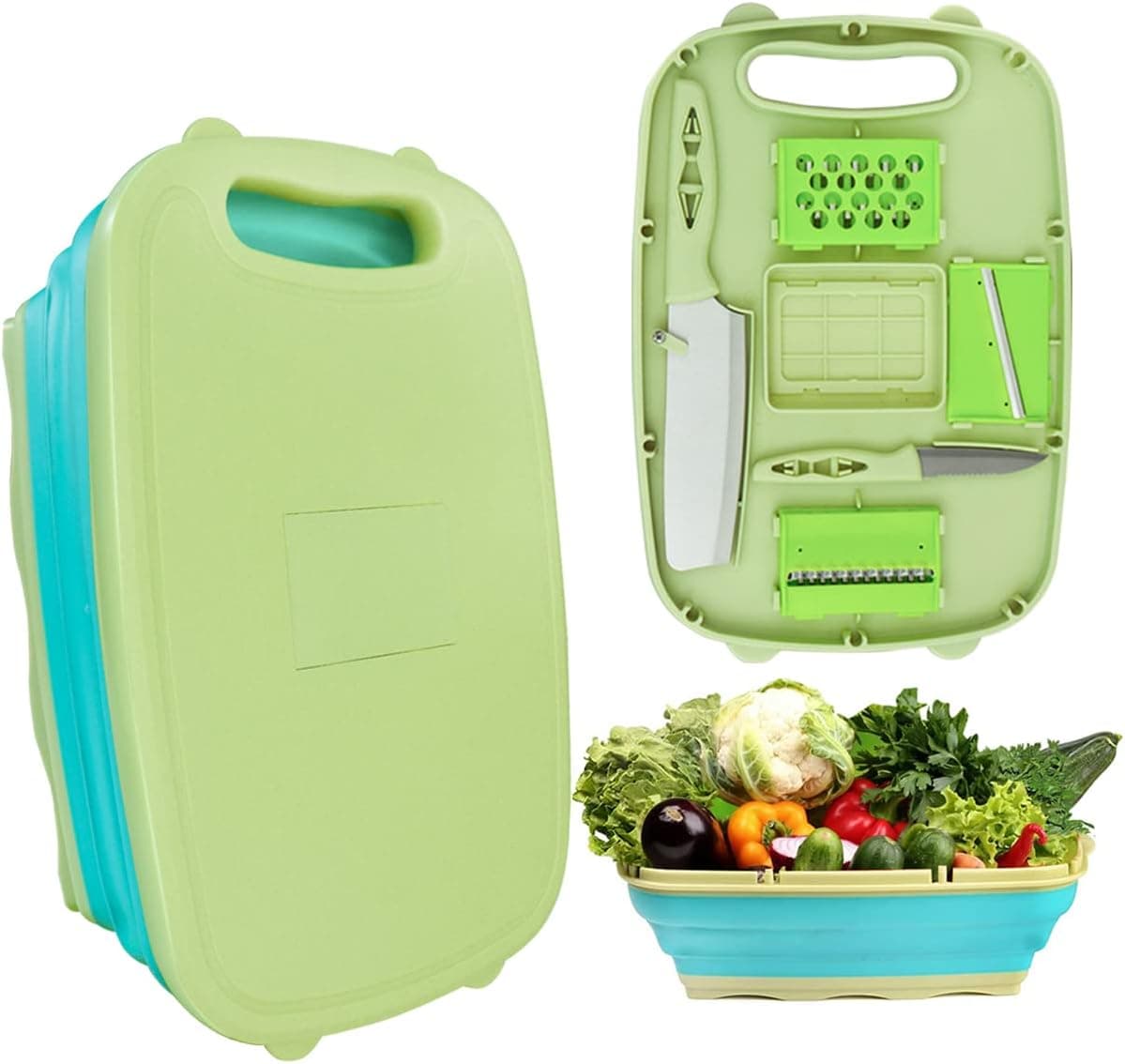 Collapsible Cutting Board, Foldable Plastic Chopping Board with Colander, Multifunctional Chopping Board, Kitchen Vegetable Washing Basket Silicone Dish Tub for BBQ Prep/Picnic/Camping