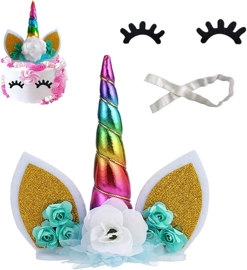 Unicorn Cake Topper,6.1” H reuse Birthday Cake Decorations with Two Eyelash and One Elastic Band,Baby Shower(Rainbow)