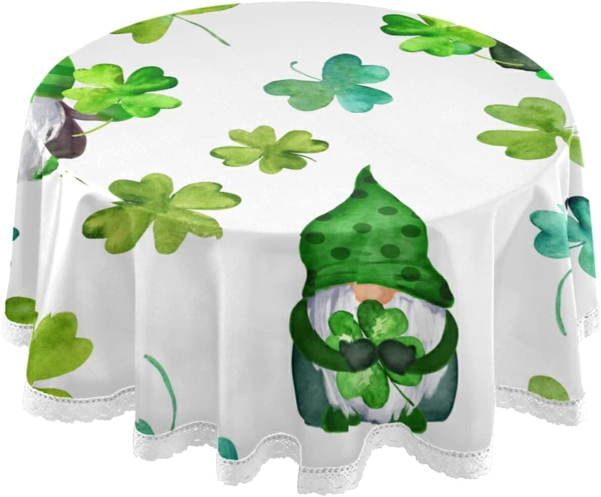 xigua St. Patrick's Day Gnomes and Lucky Clover Leaves Round Table Cloth, Spill Proof Wrinkle Free Oil Proof Waterproof Resistance Microfiber Tablecloth for Kitchen Dinning Room Party Home Picnic 60 I