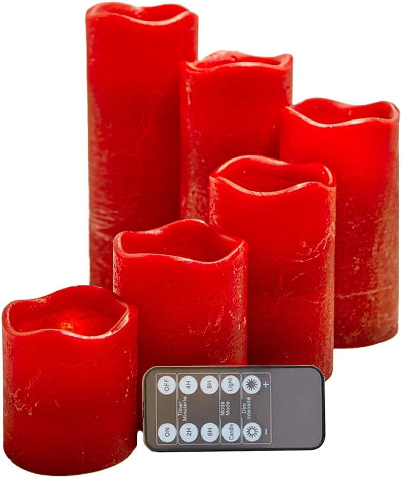 N-E Realistic and Bright Flameless Candle Red Pillar Led Candle Flickering Moving Warm Light Textured Wax Finish 6 Pieces (3" x 3"4" 5" 6" 7" 8") Real Wax Battery Powered Remote Control