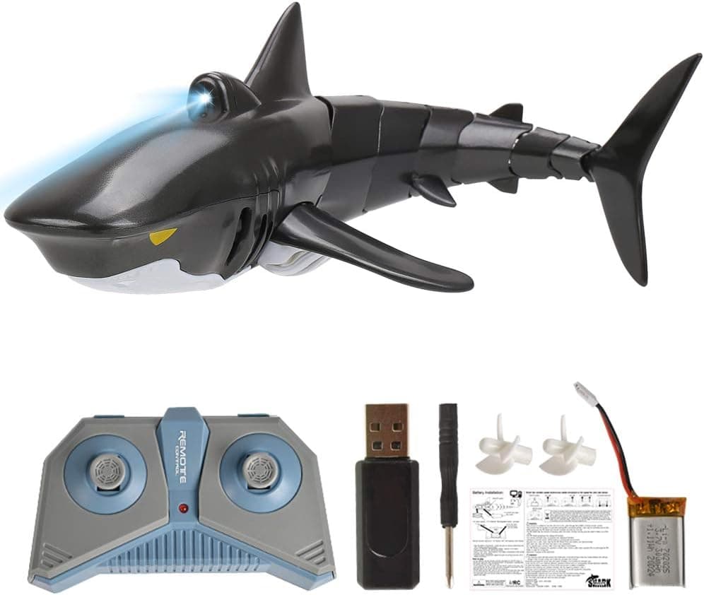 EsOfficce Remote Control Shark Toy with Headlights, Rechargeable Electric Toy RC Shark Pool Toys for Kids,Black