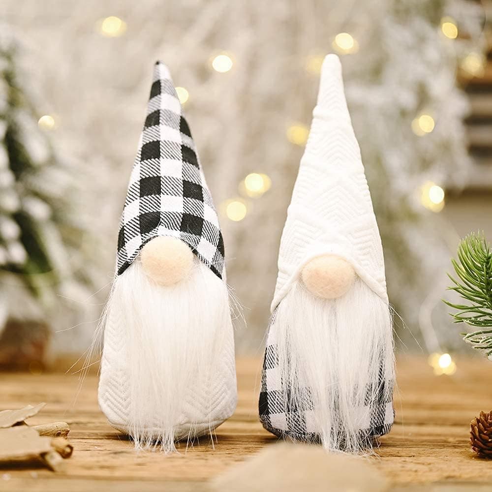 Skoye Christmas Fall Gnomes Decorations, Black and White Grid Faceless Doll, Novelty Christmas Festive Gnomes Figurines for Shop Window Party Decor Gifts (White/Black)