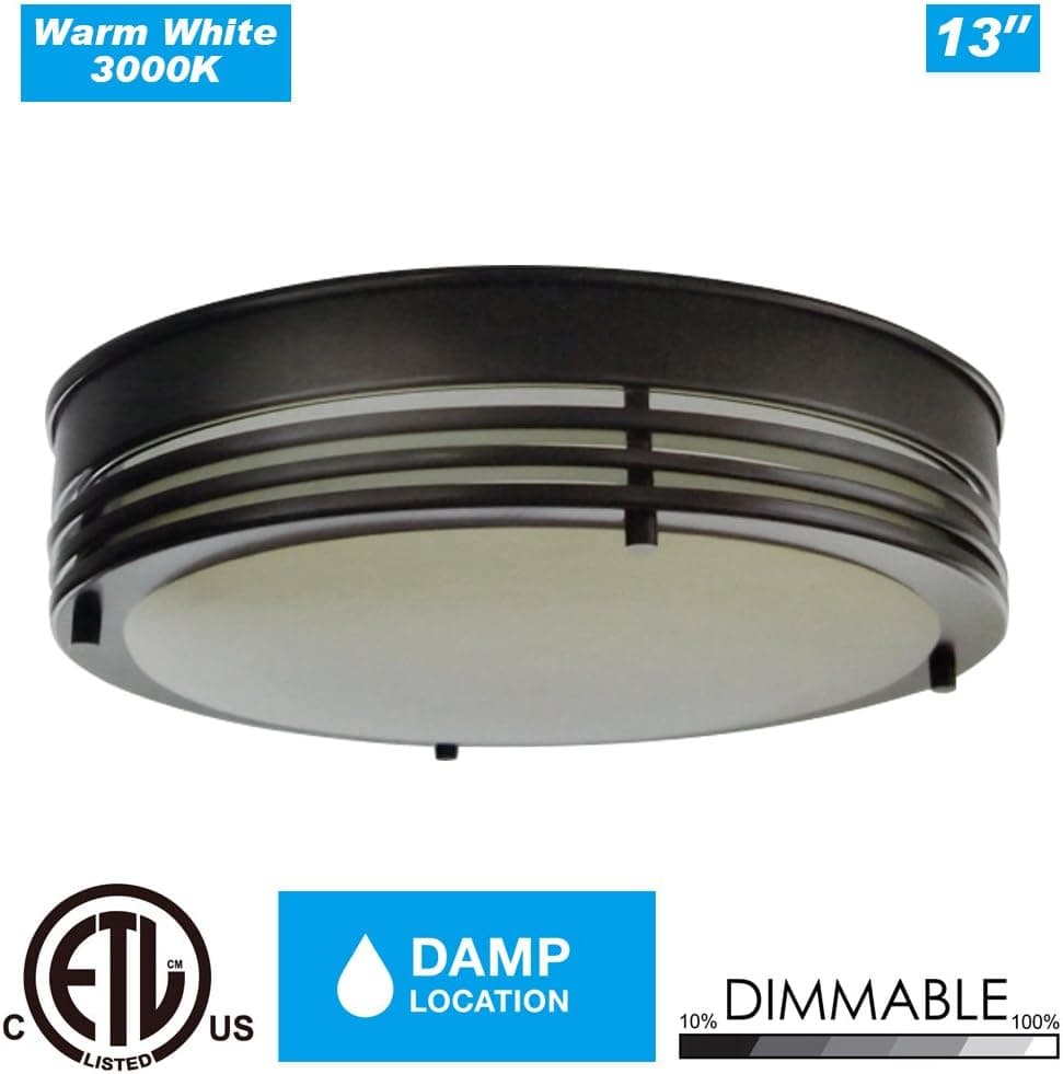 Cloudy Bay LTRFM1320830ORB 13-inch 3000K Warm White Dimmable 20W 1000lm LED Flush Mount Ceiling Light -120W Incandescent Equivalent, ETL, LED Saturn Flush Mount , ORB, Opal Glass