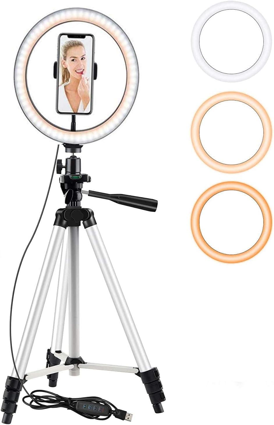 10" LED Ring Light with 26" Extendable Tripod Stand, USB Selfie Ring Light with 3 Color Modes, Dimmable Brightness for YouTube/Live Stream/Makeup, Mini Led Camera Ringlight for Vlog/Video/Photography
