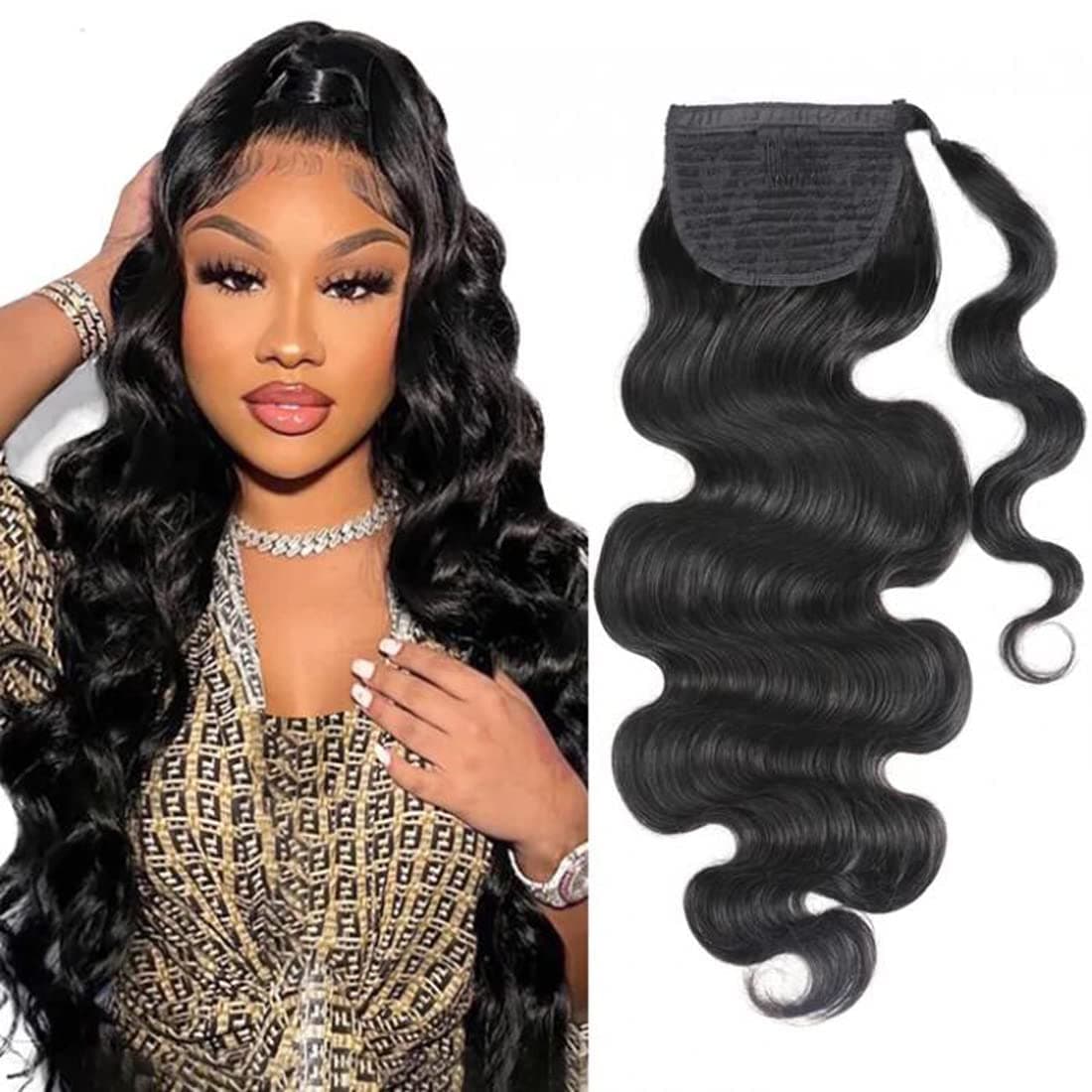 UNICE 22Inch Long Body Wave Human Hair Drawstring Ponytail Extensions High Puff Ponytail Hair Pieces with Comb Clip in Ponytail Extension Natural Black for Women