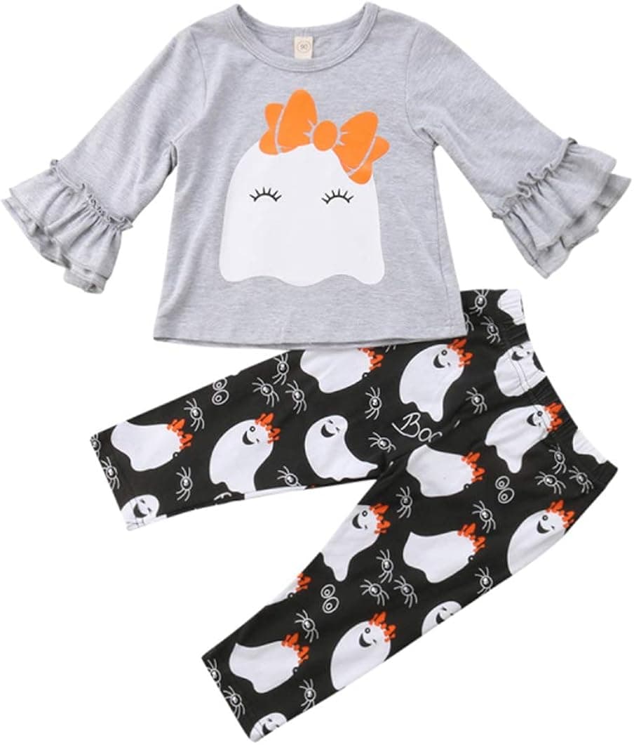 VISGOGO 2Pcs Halloween Kids Baby Girls Cute Ghost Top T-Shirt Pants Leggings Outfits Clothes (6-12 Months) Grey