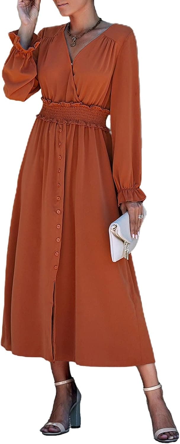 NALANISA Women V Neck Slit Button Up Long Sleeve Maxi Dress Casual Smocked Flowy Swing Chiffon Party Long Dress