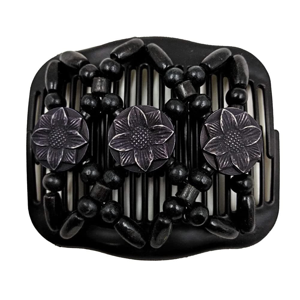 LOVEF Women Magic Hair Combs Wood Beaded Stretch Double Side Combs Clips Bun Maker Hair Accessories (Round Black)