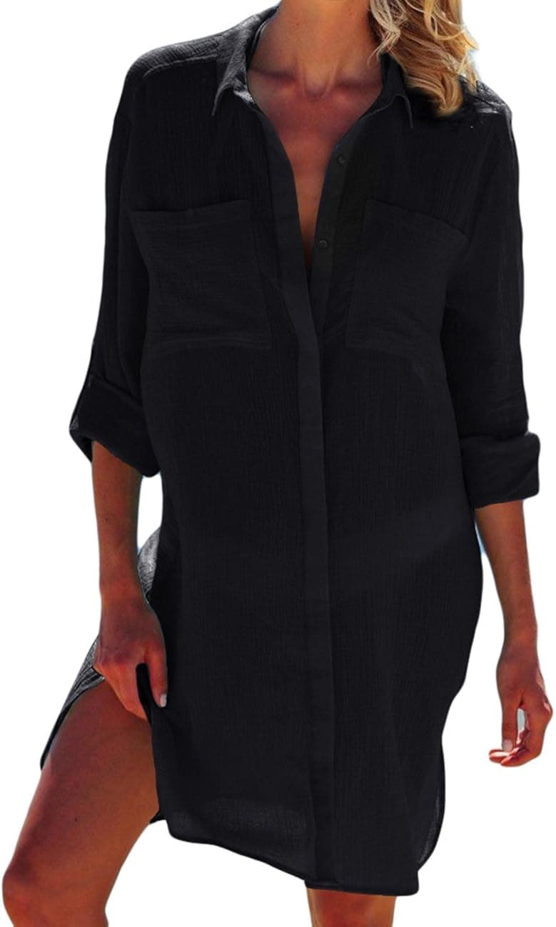 Bsubseach Swimsuit Coverup for Women Button Down Shirts with Pockets Bikini Cover Up