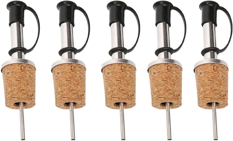 Yardwe 5pcs Stainless Steel Bottle Pourers Tapered Spout Liquor Oil Pourers with Rubber Dust Caps Wood Bottle Stopper for Bar Kitchen Vinegar Wine Bottle Supplies
