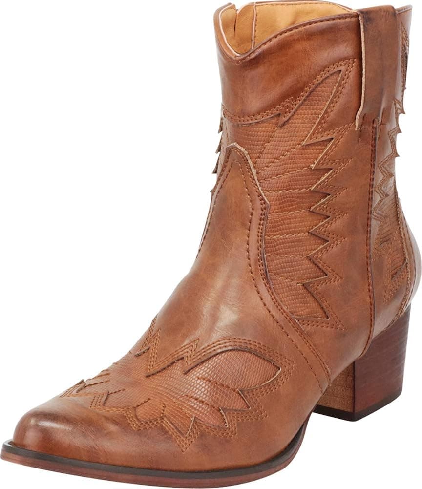 Cambridge Select Women's Western Cowboy Pointed Toe Chunky Stacked Heel Ankle Boot,8 B(M) US,Whiskey PU
