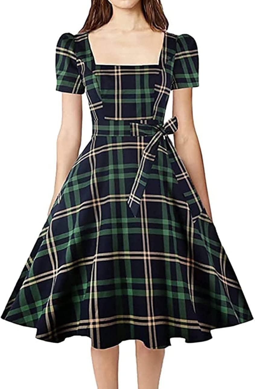OBBUE Women's Square Neck Dress Vintage 1950s Cocktail Party Dress with Puff Sleeves