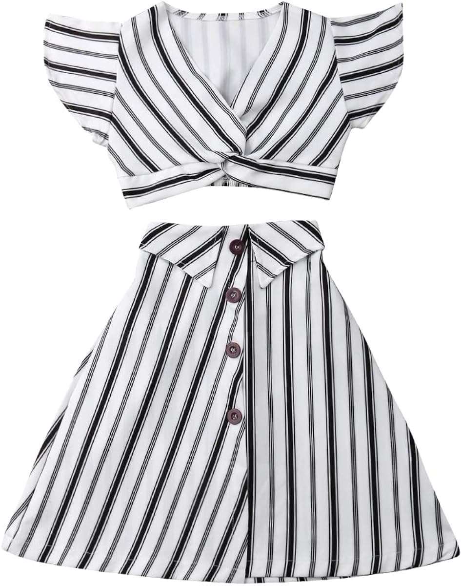 Muasaaluxi Toddler Baby Kid Girls Short Sleeve Striped T-Shirt Crop Top + A-line Skirt Dress Summer Outfits