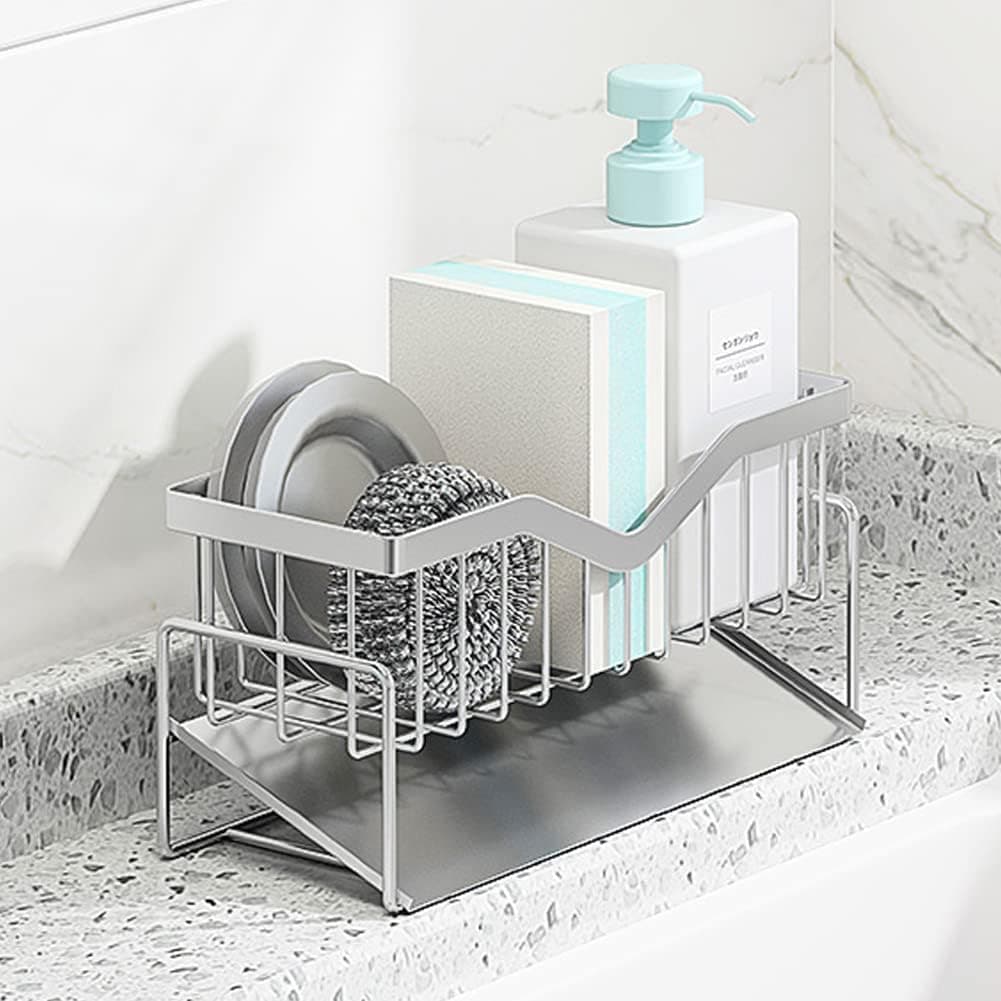 Kitchen Sink Caddy Sponge Holder , 304 Stainless Steel Kitchen Soap Dispenser Caddy Organizer - Quick Draining, Stainless Steel Tray - Holds Sponge, Dish Soap Dispenser, Cleaning Towel, Scrubber