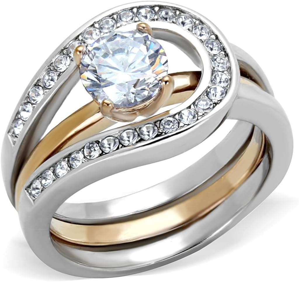 1CT ROUND CUT TWO TONED STAINLESS STEEL 2 PIECE WEDDING RING SET WOMEN'S SZ 5-10