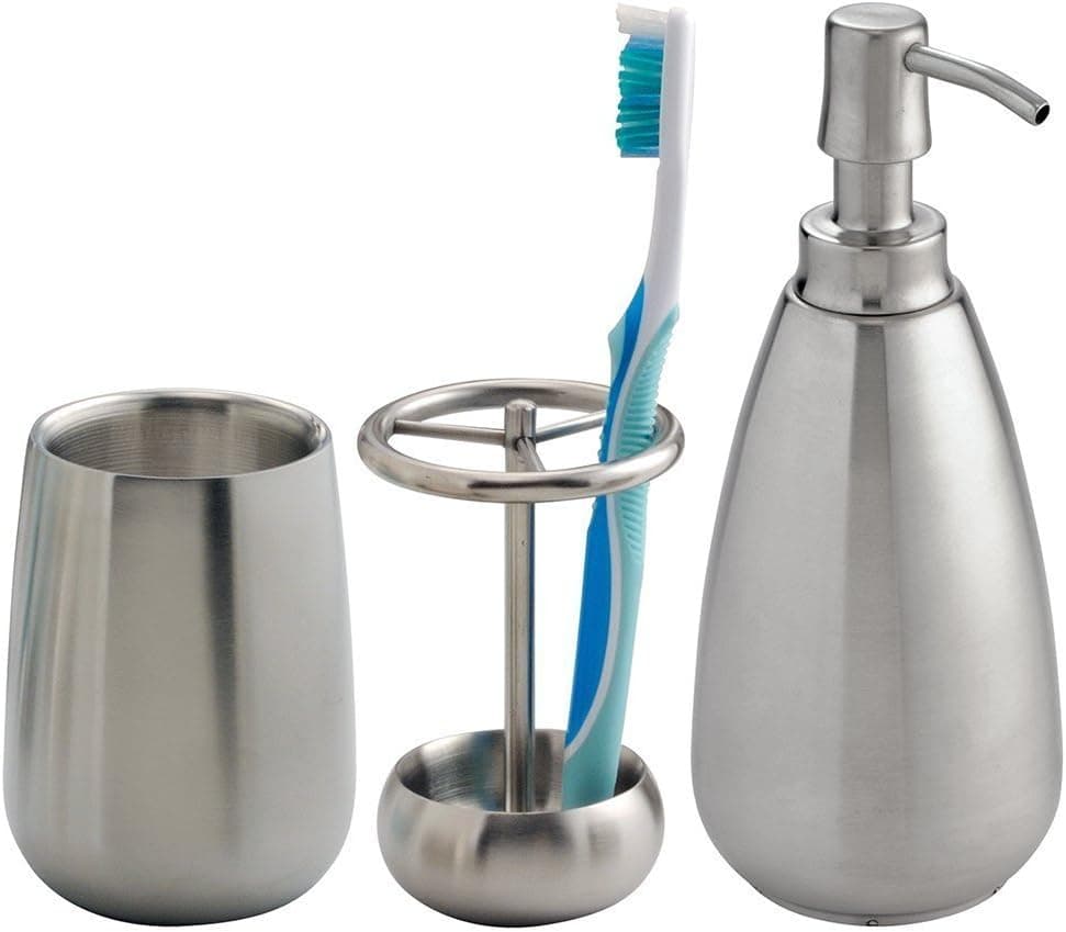 mDesign Bath Accessory Set, Soap Dispenser Pump, Toothbrush Holder, Tumbler - 3 Pieces, Brushed Stainless Steel