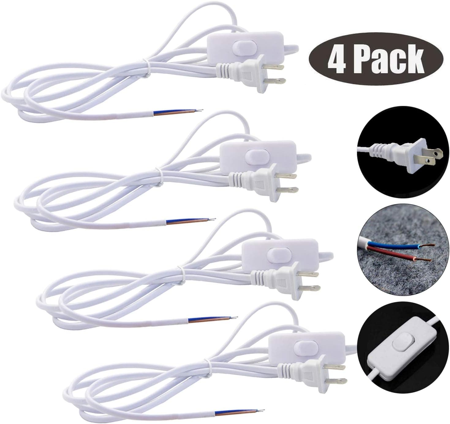 Deloky 4 Packs Lamp Cord Set with Switch and Molded Plug - 6 Foot Replacement Lamp Extension Cord With On/Off Switch Stripped Ends for Wiring Stripped Ends,UL-Listed