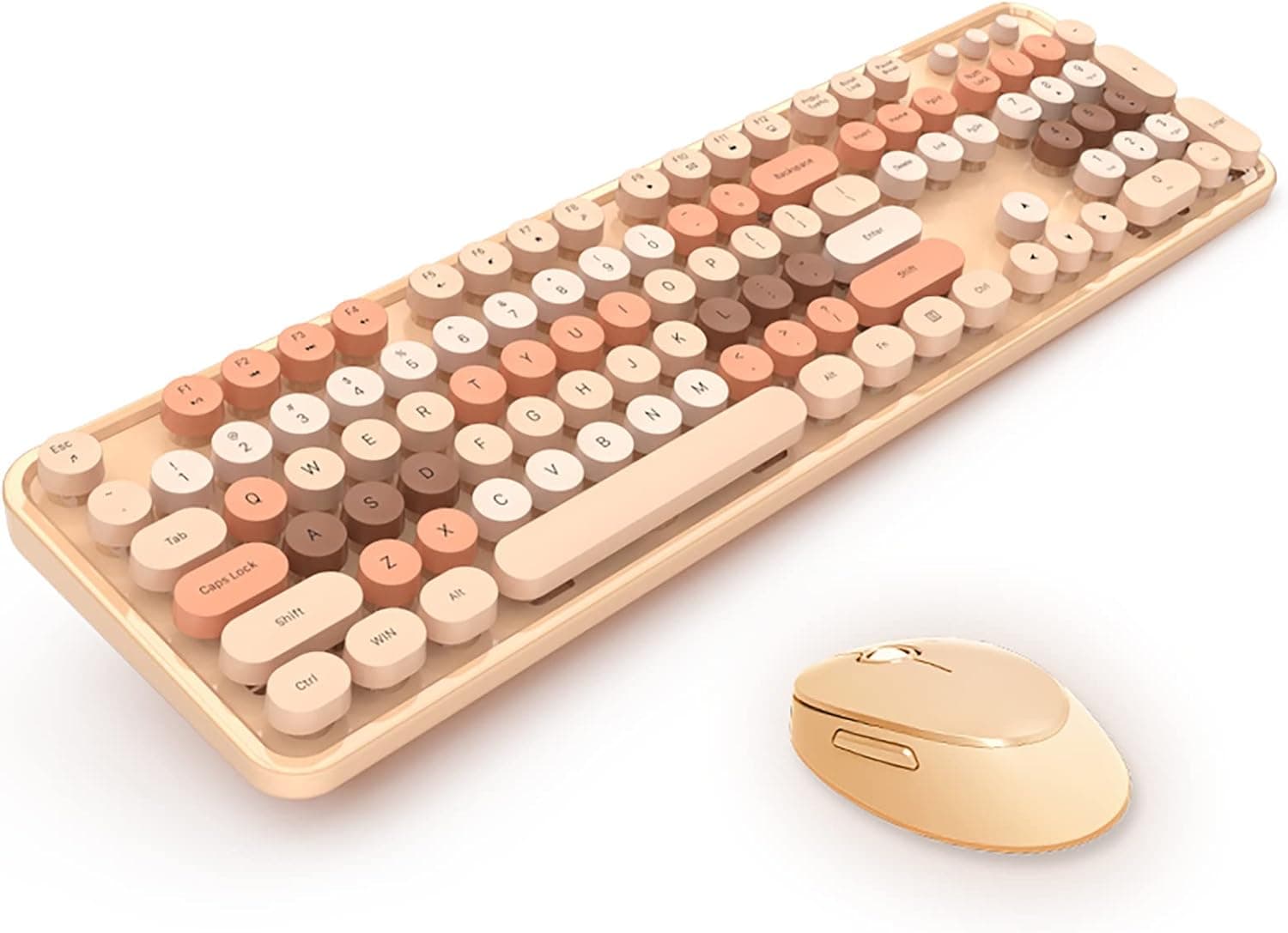 2.4G USB Wireless Keyboard and Mouse Combo, Multi-Color Typewriter Style Round Keycap, Cute Candy Colors, Compatible with Notebook, PC (104 Keys,Milk Tea)