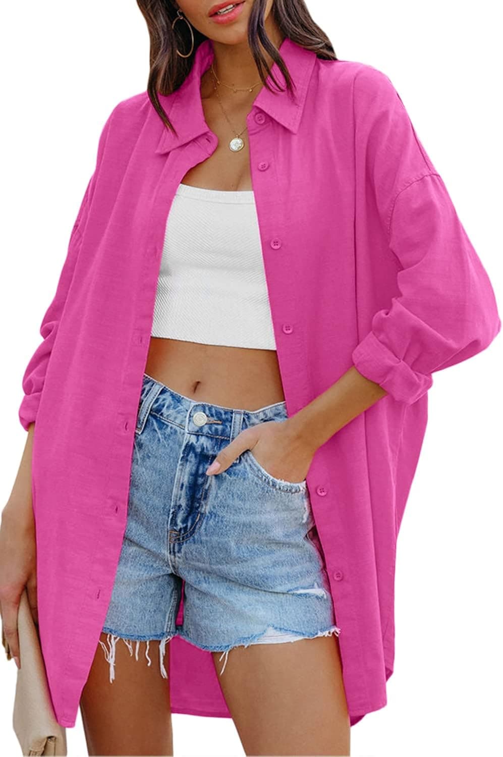 FSHAOES Womens Oversized Button Down Shirts Casual Loose Long Sleeve Solid Color Lapel Long Blouses Top with Pocket Pink