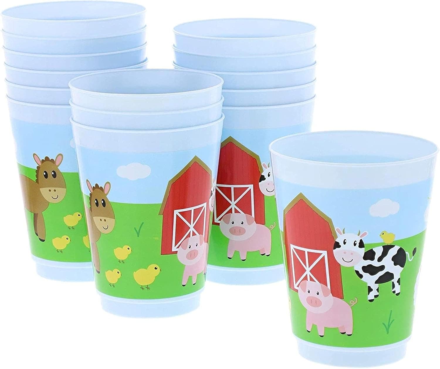 BLUE PANDA Plastic Party Cups 16 Pack - Farm Animal Reusable Tumblers - 16 oz