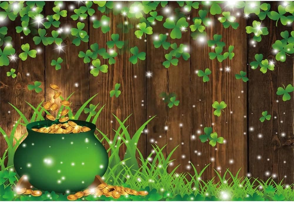 Laeacco 10x6.5FT St. Patrick's Day Backdrop Green Clover Lucky Shamrock Pot of Gold Coin Glitter Brown Wooden Board Photography Background Irish Festival Party Decor Kid Adult Portrait Photo Prop