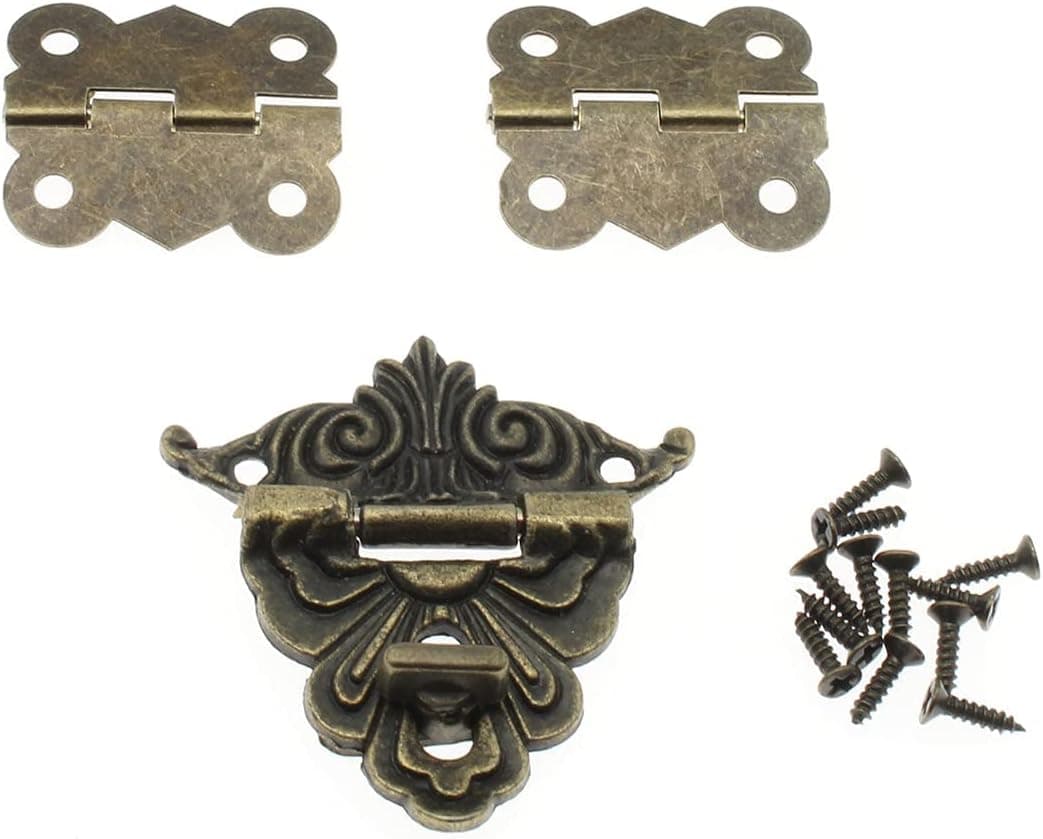 HAJXZH 2 Pack Retro Design Jewelry Box Hardware Kit Antique Buckle Latch and Vintage Bronze Hinge with Matching Screws Used for Making Repairing Small Wooden Box Project