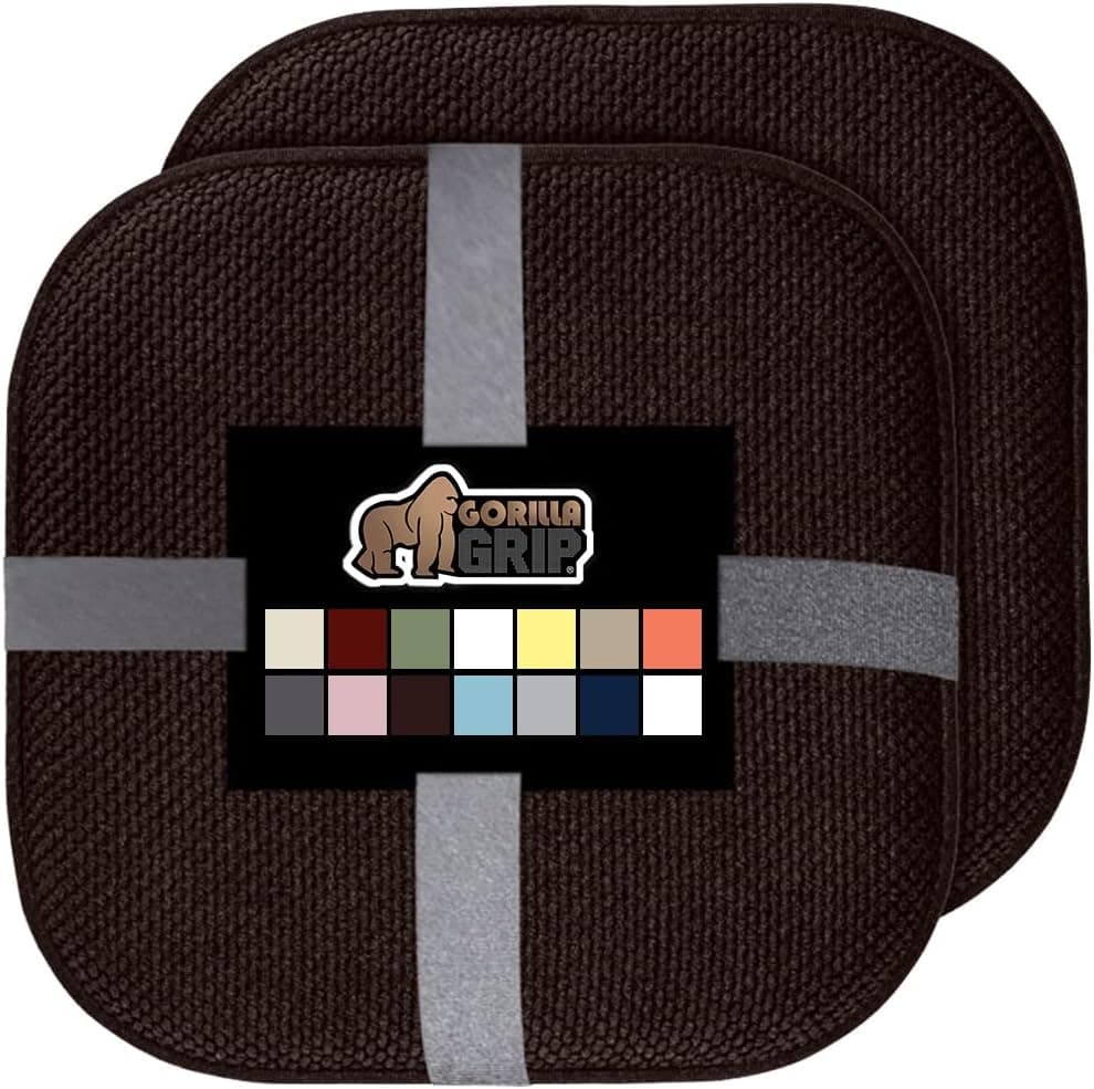 Gorilla Grip Memory Foam Chair Cushions, Comfortable Pads for Dining Room, Kitchen Table, Office Chairs, Stay in Place Backing, Comfortable Microfiber Seat Pad Cushion, Set of 2, 16x16, Brown
